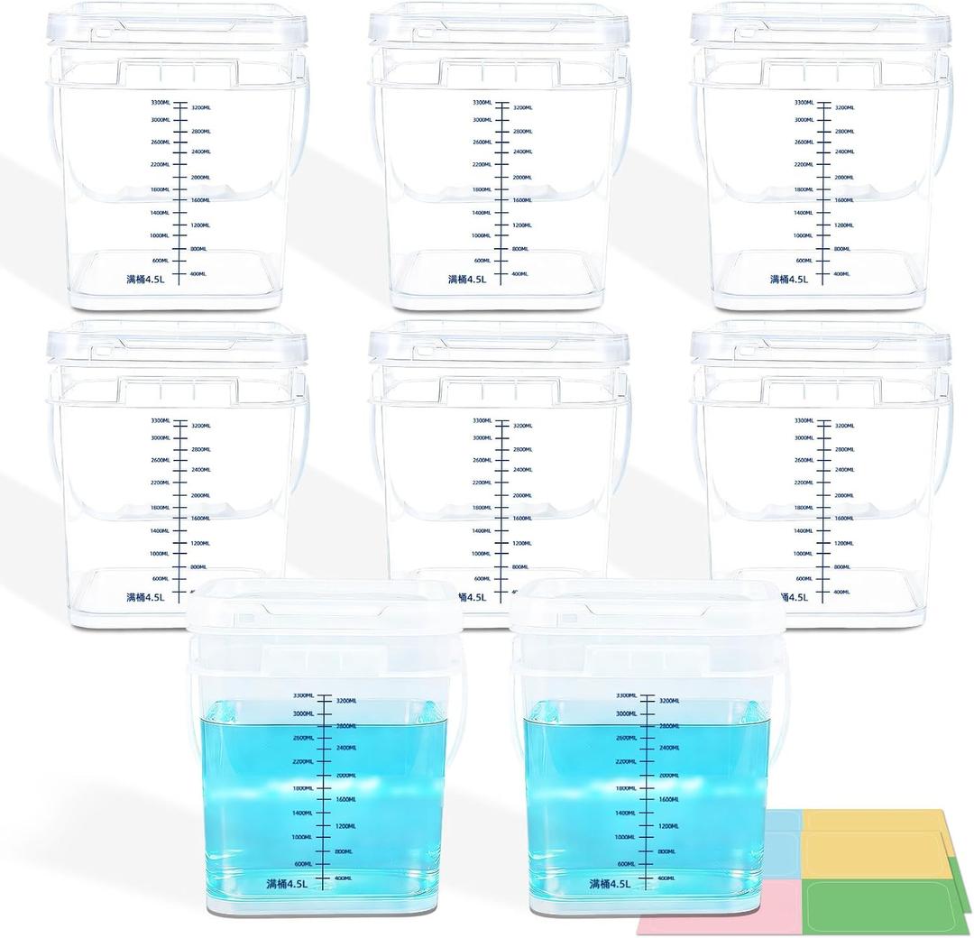 8 Pack 1 Gallon Plastic Bucket with Handle and Lid Food Storage Bucket Containers All Purpose Pail for Multipurpose Paint Water Art Crafts Projects Garage Organization (Square with Scale)