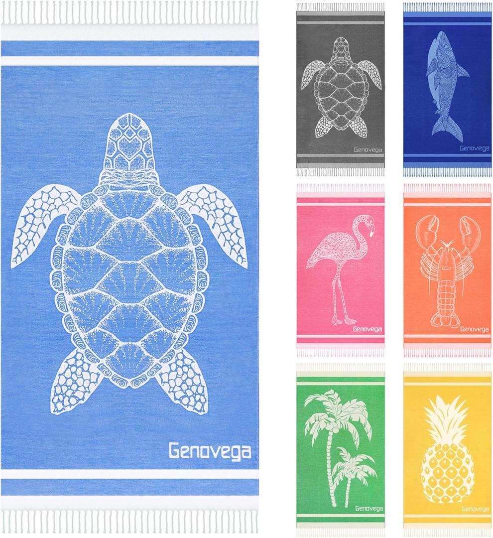 Genovega Oversized Cotton Turkish Beach Towels 72"x36" Lightweight Quick Dry Sandless Pool Swim Towel Large No Sand Adult Travel Compact Blanket Essentials Cruise Accessories Must Haves Blue Turtle, 72.00" x 36.00"