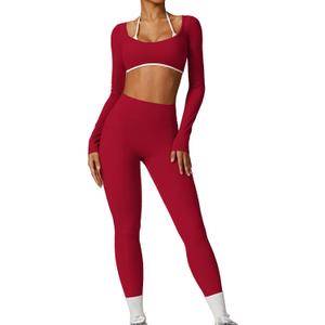 ABOCIW Workout Sets for Women Halter Long Sleeve Crop Top V Nack Scrunch Butt High Waist Leggings with Pocket Cherry Red, Small