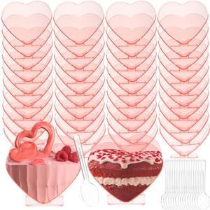 Mini Heart Shaped Dessert Cups with Spoons 2.7 oz Valentine Day Plastic Appetizer Cup Clear Disposable Reusable Heart Shaped Bowl for Valentine Wedding Party Cakes Ice Cream(Pink,40 Set)
