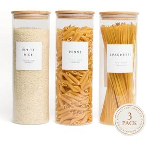 Set of 3 Glass Pantry Storage Containers with Lids- 12 Pantry Labels (70oz) Glass Canisters with bamboo lids-Perfect Rice, Cereal, Flour, Pasta, Oats, food storage -Airtight-kitchen canisters (3 pack 2200ml)