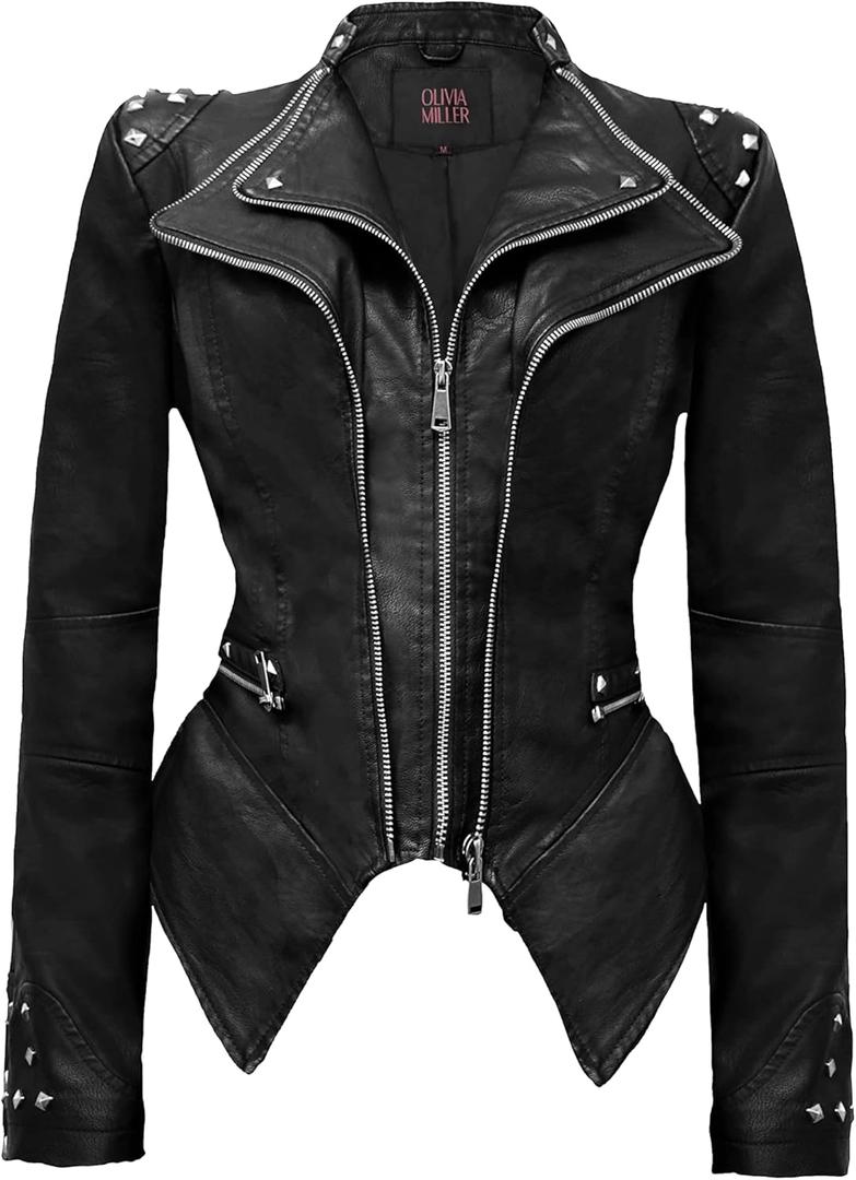 Olivia Miller Women's Fashion Faux Leather Biker Jacket Rivet Lapel Shaping Moto Outerwear (Black)