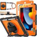 SEYMAC Stock Case for iPad 9th/ 8th/ 7th Generation 10.2'', Shockproof with Screen Protector, Pencil Holder [360 Rotating Hand Strap] & Stand, for iPad 10.2 Inch 2021-2019 (Brightorange)
