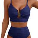 Herseas Women's Ribbed Bikini Set Spaghetti Strap U Wire V Neck 2 Piece Swimsuits High Waisted 2026 Beach Fashion Outfits Crisscross Back Beautiful Bathing Suit Navy Blue, Large
