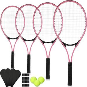 4 Pcs Tennis Rackets for Adult Recreational 4 Players 27" Tennis Racquet Lightweight Tennis Racket with 3 Tennis Balls for Training Beginners with Overgrips Carry Bag