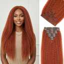 Kinky Straight Clip In Hair Extensions,24inch 200G 8pcs,100% Pure Protein Fiber Close to Human Hair,Ginger Red Full Head Double Weft Invisible Yaki Clip Ins for Women (#350,24inch)