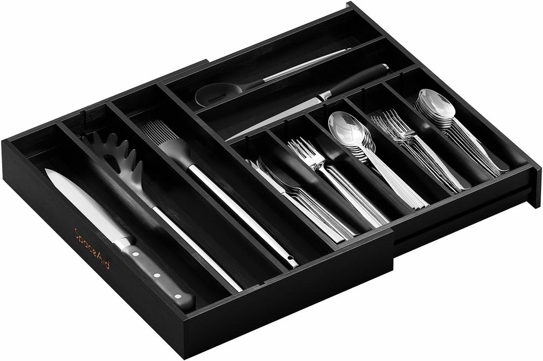 SpaceAid 2.5" High Bamboo Silverware Drawer Organizer with Labels, Kitchen Utensil Expandable Tray Holder for Flatware, Cutlery, Spoon and Knives Drawer Storage Organization (Black)