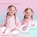 QearFun Kids Cat Ear Headphones with USB C for Girls with Microphone, 85/94dB Safe Volume Limiter, Tangle-Free Cord, Share Port, Foldable Sparkly Wired Headset for School, Travel, Tablet, iPad