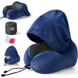 SkytraxComf® Travel Neck Pillow with Hood for Privacy on Long Flights | Memory Foam | Airplane Sleep | Safety-Tested Materials | Extra Large Hood | Chin Support | Earplugs | Washable Cover