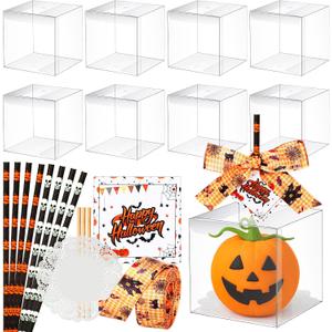 24 Set Halloween Candy Apple Box with Hole Clear Caramel Apples Gift Boxes with Sticks Paper Ribbon Tags Doilies Base Straws for Halloween Party Supplies, 4 x 4 x 4 Inch
