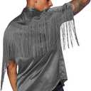 WDIRARA Men's Button Front Short Sleeve Fringe Trim Party Shirt Collar Club Tops (Gray, XL)