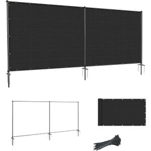SunnyRoyal 5' x 12' Privacy Fence Screen Panel with Iron Poles Freestanding No Dig Heavy Duty Windscreen Mesh Fabric Temporary Dog Fencing for Outdoor Backyard Patio Garden (Black)