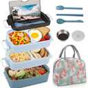 Bento Box Adult Lunch Box with Thermo Bag, 3-Tiers Adult Bento Box with Food-grade Utensil Set for Women, 60 fl-oz Large Lunchable Food Container with Sauce Container for Work, BPA-Free(Blue)