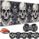 Large Gaming Table Pad 31.5 "x 11.8" + Keyboard Wrist Pad + Mouse Wrist Pad + Coaster Non-Slip Base 4-in-1 Set, Ergonomic Memory Foam, Easy Typing Pain Relief, Smiley Skull