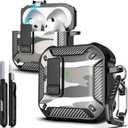 R-fun for AirPods 4 Case with Cleaning Kit, Carbon Fiber Elements Military Drop Proof Auto Pop up Cover, Phone Stand and Magnetic Base with Carabiner Hook Compatible with AirPods 4th Gen 2024, Snow Camo