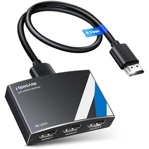 NEWCARE 4K HDMI Splitter 1 in 3 Out [with 4 FT Hdmi Cable and Power Adapter]-Not Support Extended Display, Aluminum Alloy 1×3 HDMI Splitter Support 4Kx2K,1080P,3D, DTS/Doby-TrueHD for Xbox PS5/4 Roku