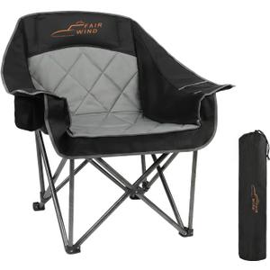 FAIR WIND Oversized Padded Camping Chair Heavy Duty Quad Fold Arm Chair Portable for Outdoor - Support 500LBS, Black, Steel Frame