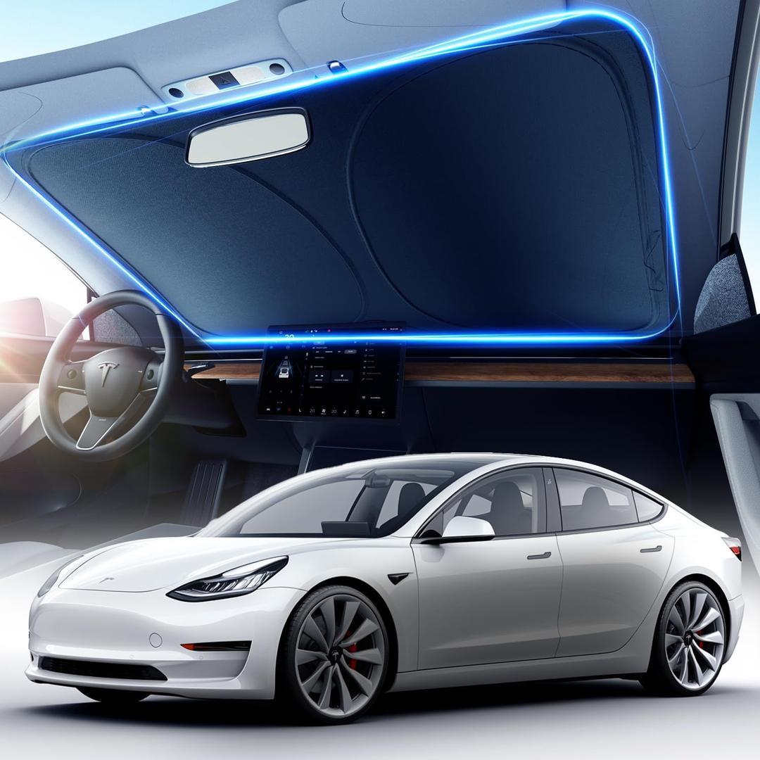 DMJN Front Windshield Sun Shade for Tesla New Model Y, Y & 3 (2017-2026), [Nano Ice-Crystal Coatings] UPF50+ Heat & UV Block, Protect Car Interior & Keep Cool, Flodable Steel-Ring Car Cover for Summer