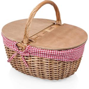PICNIC TIME - Country Vintage Picnic Basket with Lid - Wicker Picnic Basket for 2, (Red & White Gingham Pattern)