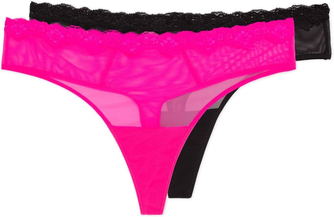 Smart & Sexy Women's Lace Trim Thong Panty, 2-Pack, Electric Pink/ Black Hue, 7