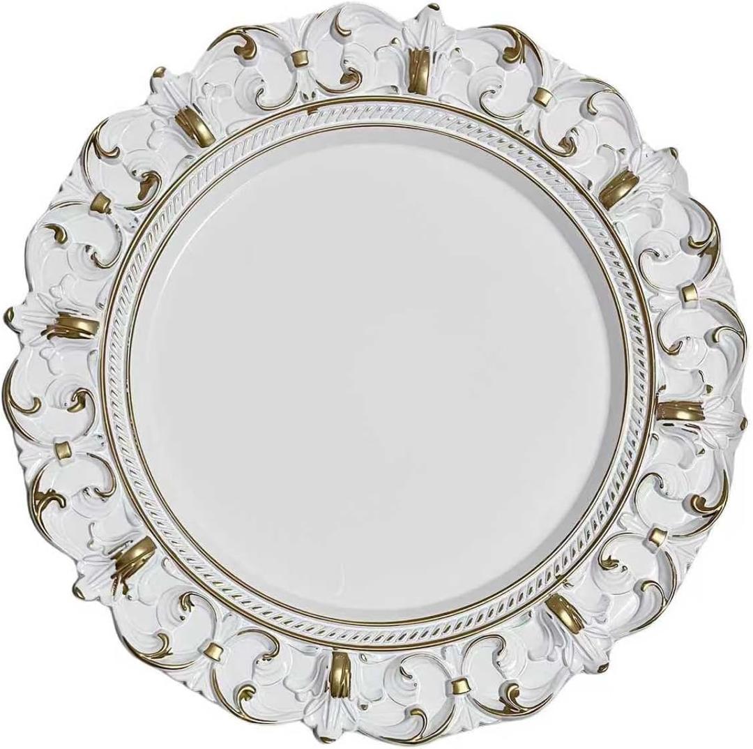6 Pack White Charger Plates 13" Round Charger Plates for Dinning Plates with Embossed Rim Plastic Charger for Dinner, Wedding, Elegant Tableware Decor