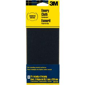 3M Emery Cloth Sandpaper, For Sanding Metal Surfaces, 3 Sheets, 3.67-in x 9-in, Assorted Grit Abrasives, Cloth Backed Sanding Paper, For Light Rust Removal & Cleaning, Light Metal Polishing (5931)