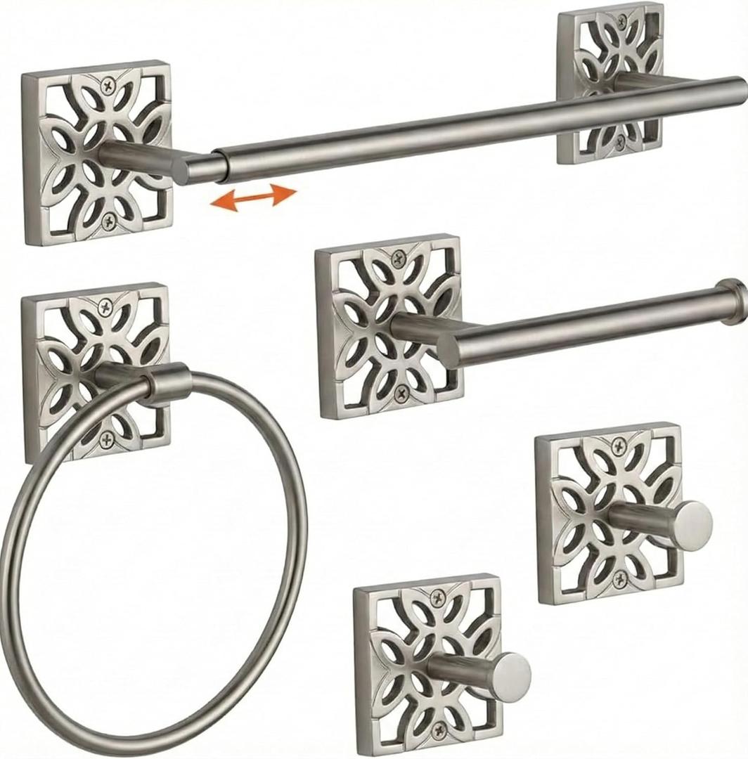 Autumn Alley 5 Pieces Nickel Bathroom Accessories Set, Wall Mounted  Silver Toilet Paper Holder, Chrome Bath Towel Holder, Brushed Nickel Towel Ring & Silver Bathroom Hardware Set Complete