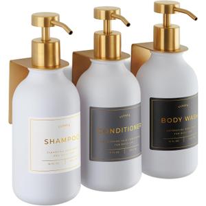 Shower Shampoo Dispenser Wall Mounted 3 Refillable 16.9 oz White Bottles with Stainless Steel Pumps & No-Drill Adhesive Holders Soap Dispenser Set for Bathroom (3 X White/Gold)
