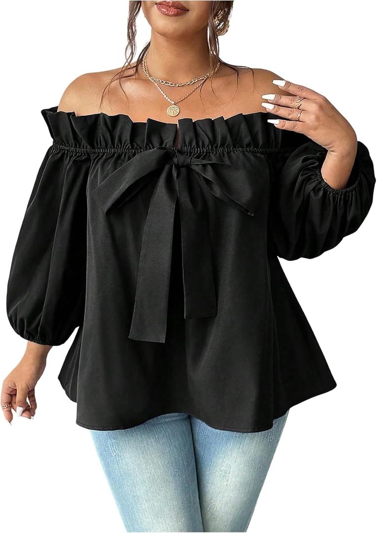 OYOANGLE Women's Plus Size Off Shoulder Blouse Bow Tops Lantern Sleeve Frill Trim Flared Shirts, 4XL