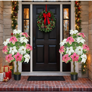 MHMJON 3 ft Christmas Tree for Front Porch Decor, 2 PCS Outdoor Pathway Christmas Trees Faux Topiary Plants Potted UV Resistant for Outdoor Indoor Door Garden Farmhouse Home Decoration, Pink White