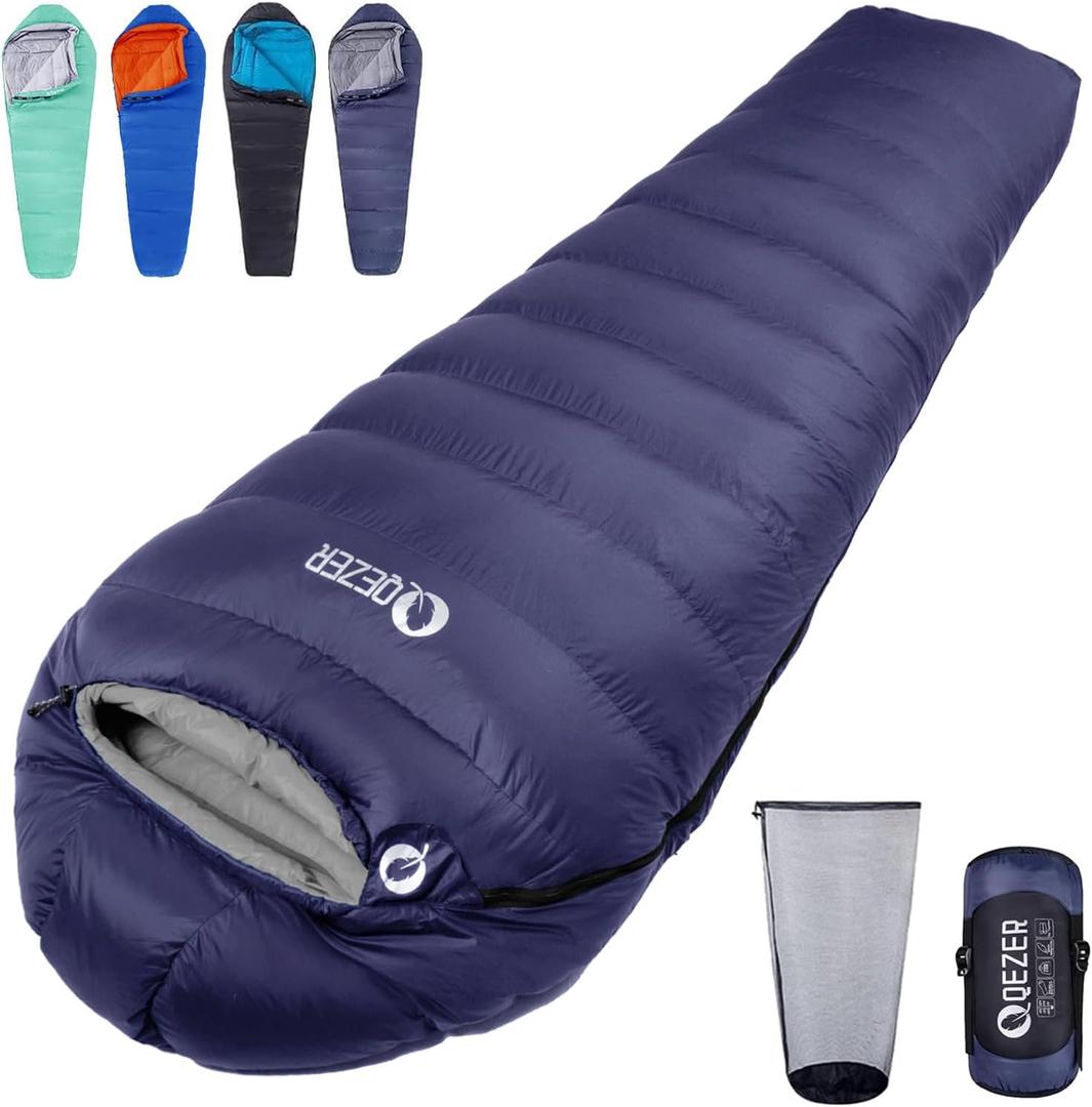 Down Sleeping Bag for Adults 0F 10F 15F 20F Backpacking Sleeping Bag for Cold Weather with Compression Sack, Blue 