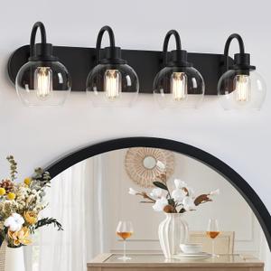 Industrial Bathroom Vanity Light 4-Light Bathroom Lights Over Mirror with Clear Glass Globe Shade and Metal Base, Matte Black Bathroom Vanity Light Fixture