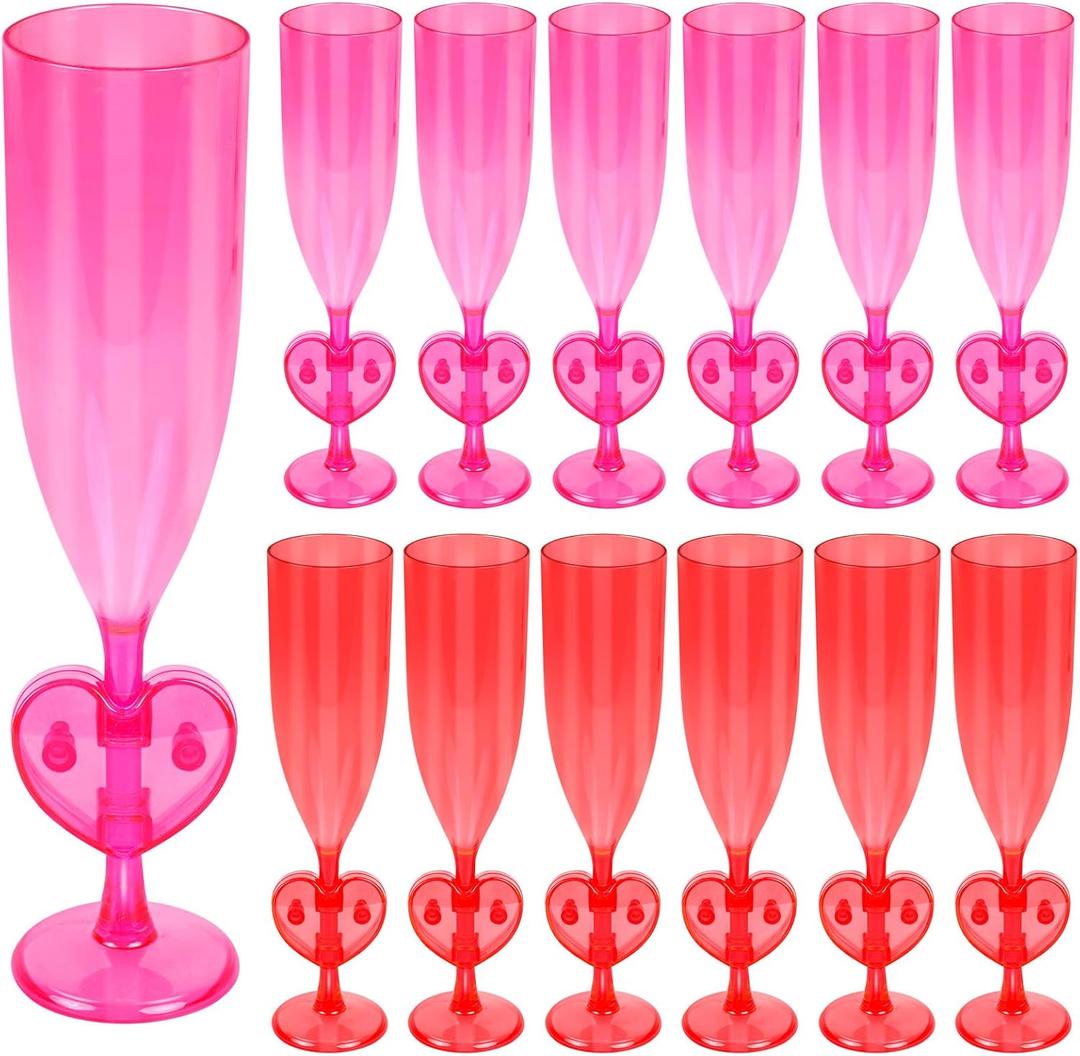 clothmile 12 Pieces Valentines Day Heart Plastic Champagne Flutes 6 Oz Heart Acrylic Stemware Cocktail Cups Bulk for Valentines Wedding Toasting Engagement Party Supplies (Red & Pink)