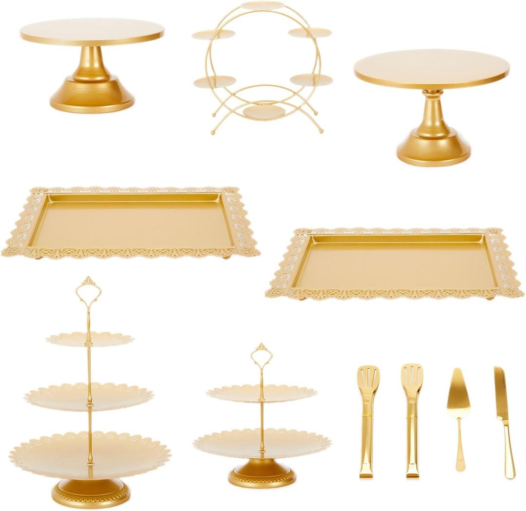 MTJYQTF Gold Cake Stand Set - 11pcs Metal Dessert Table Display Set for Party, Vintage Candy Table Display Sets for Wedding Birthday Baby Shower Housewarming Party Farewell Party CS003-1217 (Gold-11 Pcs)