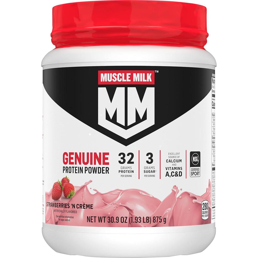 Muscle Milk Genuine Protein Powder, Strawberries N Crme, 1.93 Pounds, 13 Servings, 32g Protein, 3g Sugar, Calcium, Vitamins A, C & D, NSF Certified for Sport, Energizing Snack, Packaging May Vary (EXP 01/31/27)
