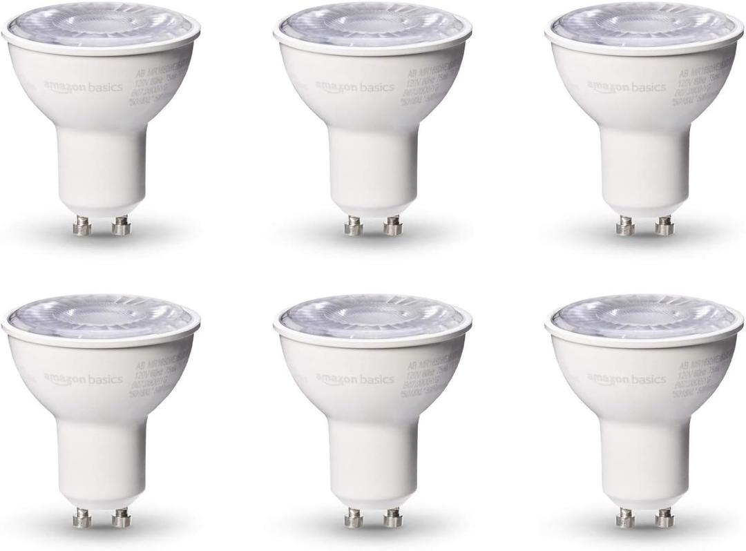 Amazon Basics MR16 LED Light Bulb, 50 Watt Equivalent, Energy Efficient 7W, GU10 Base, Daylight White 5000K, Dimmable, 10,000 Hour Lifetime , 6-Pack (Daylight)