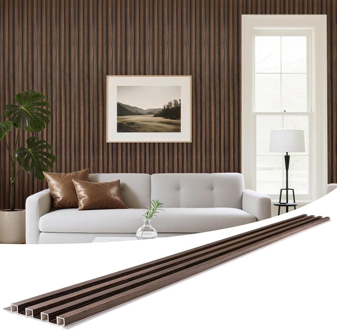 WPC Slat Wall Panels 8 Pack 96" x 6.6", Waterproof Fluted Wall Paneling, Accent 3D Wall Panel for Wall Decor, Bathroom, Bedroom, Office - High Grille Walnut (Cover Approx.35 sq.ft)