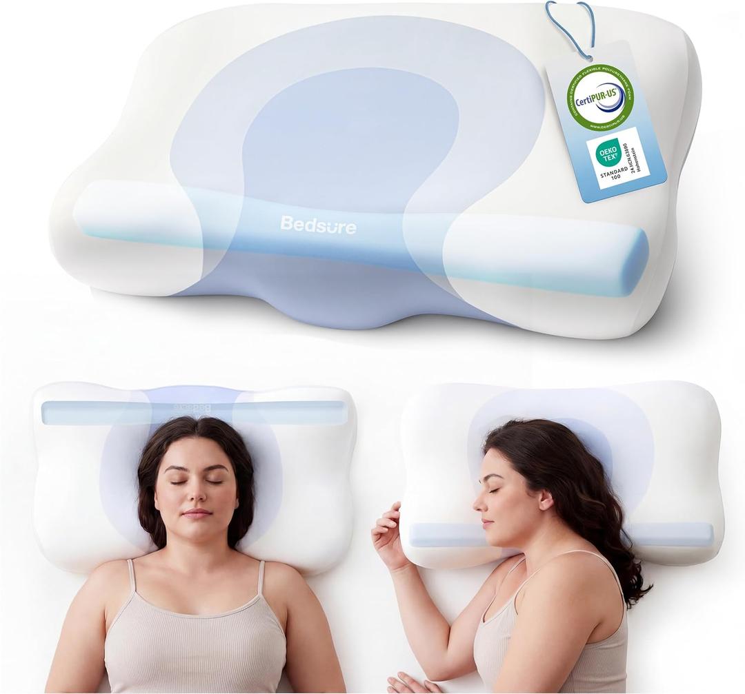 Bedsure Cervical Neck Pillow - Memory Foam Pillows for Ergonomic Orthopedic Pillow for Neck Pain Relief, Double - Sided Design Shape Gently Cradles Head & Provides for Side & Back Sleepers, Queen