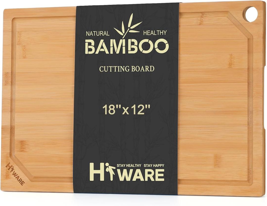 Hiware Extra Large Bamboo Cutting Board for Kitchen, Heavy Duty Wood Cutting Board with Juice Groove, 100% Organic Bamboo, Pre Oiled, 18" x 12" x 0.6" (Natural)