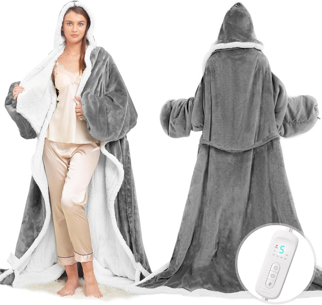 Wearable Heated Blanket with Foot Pocket, Electric Wearable Throw Blanket with Sleeves, Hood, Portable Heated Blanket with 8 Heat Settings, 1-10 Hours Auto Shut-off, Gift for Family, Friends, 50*70"
