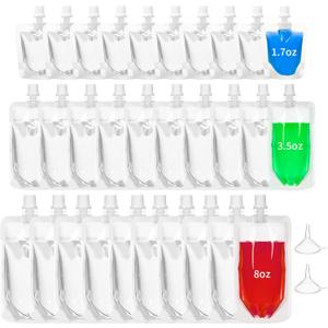 100 Pcs Plastic Pouches Bulk Clear Juice Bags Squeeze Pouches Plastic Leak Proof Bags with Funnel for Party Favors (1.7 oz/3.5 oz/8oz)