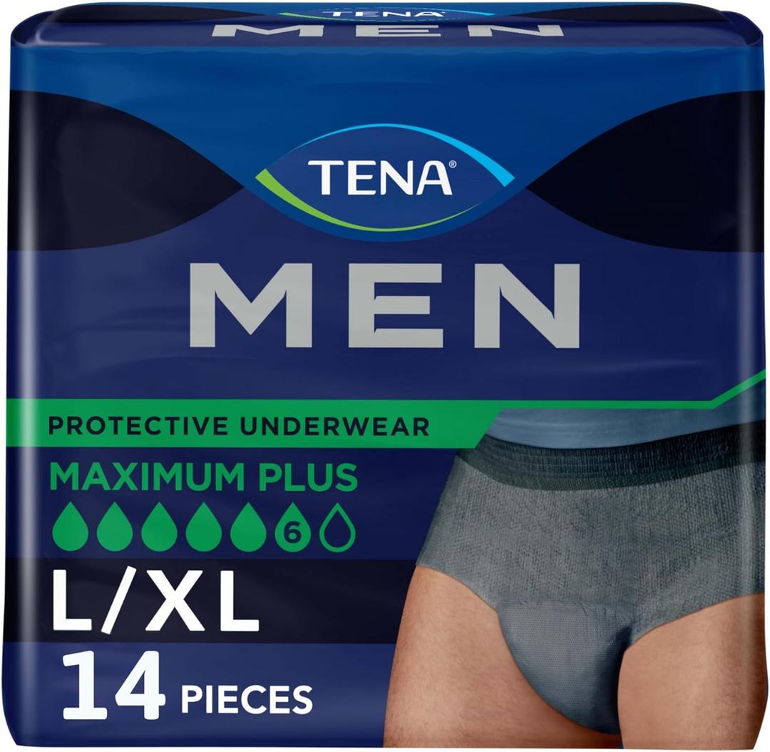 TENA Men Maximum Plus Disposable Underwear Male Pull On with Tear Away Seams Large/X-Large, 81920, 57, 14 Ct