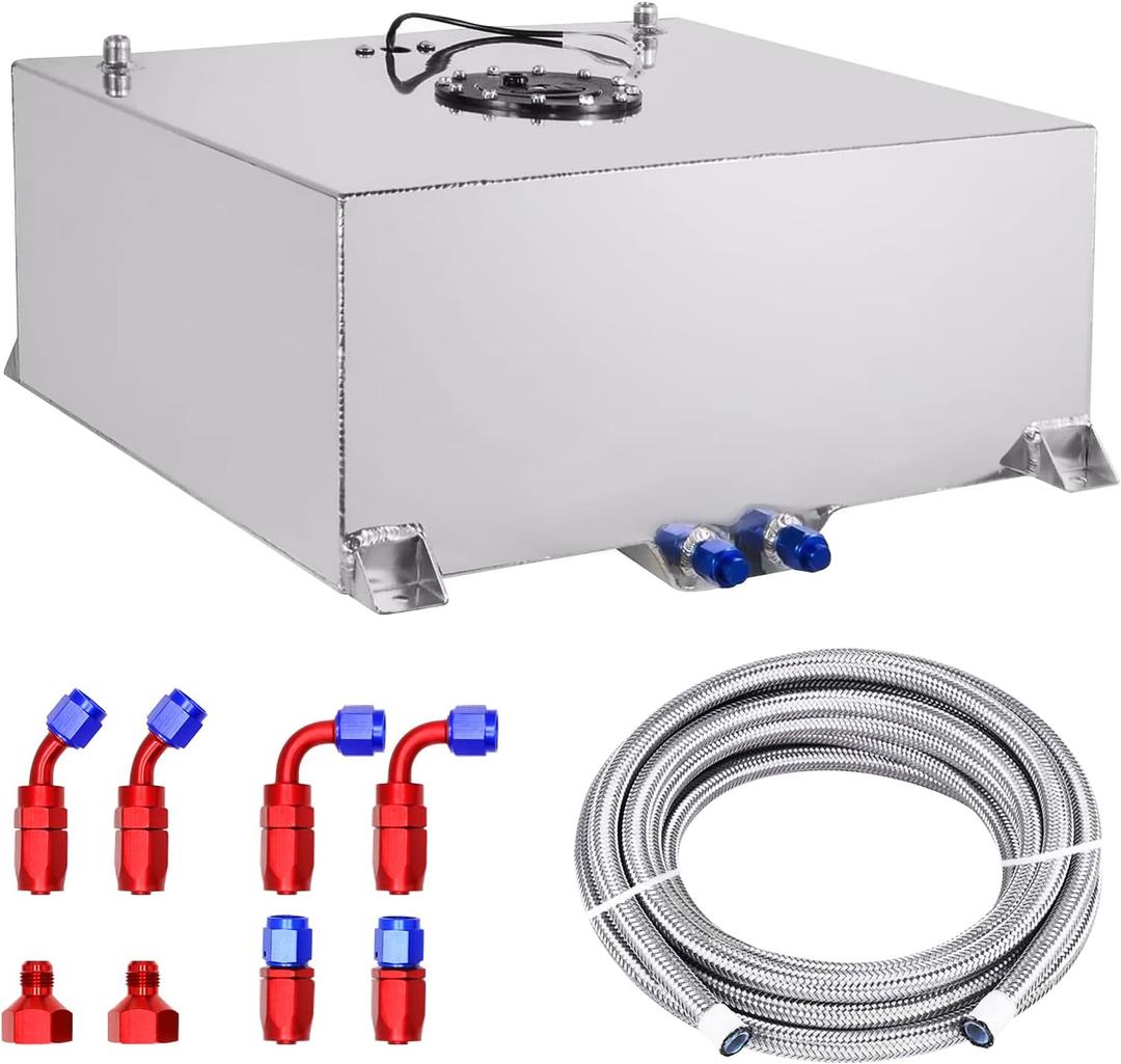 20 Gallon Fuel Cell 80L Universal Gas Tank Aluminum Polished Racing Drift Fuel Tank with Level Sender & 6AN 12FT Fuel Line Kit, Quick Release Fuel Cap, Silver