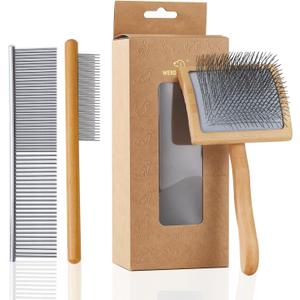 Ergonomic Slicker Brush for Long-Haired Dogs - Wooden Handle, Long Pins for Grooming Goldendoodles