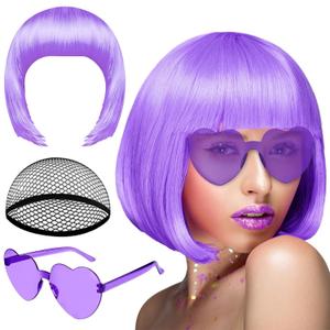 PLULON Purple Bob Wig and Sunglass Set, Neon Short Bob Wig Sunglass Pack Costume Colorful Cosplay Hairpieces for Bachelorette Neon Party Favors, Halloween Decorations