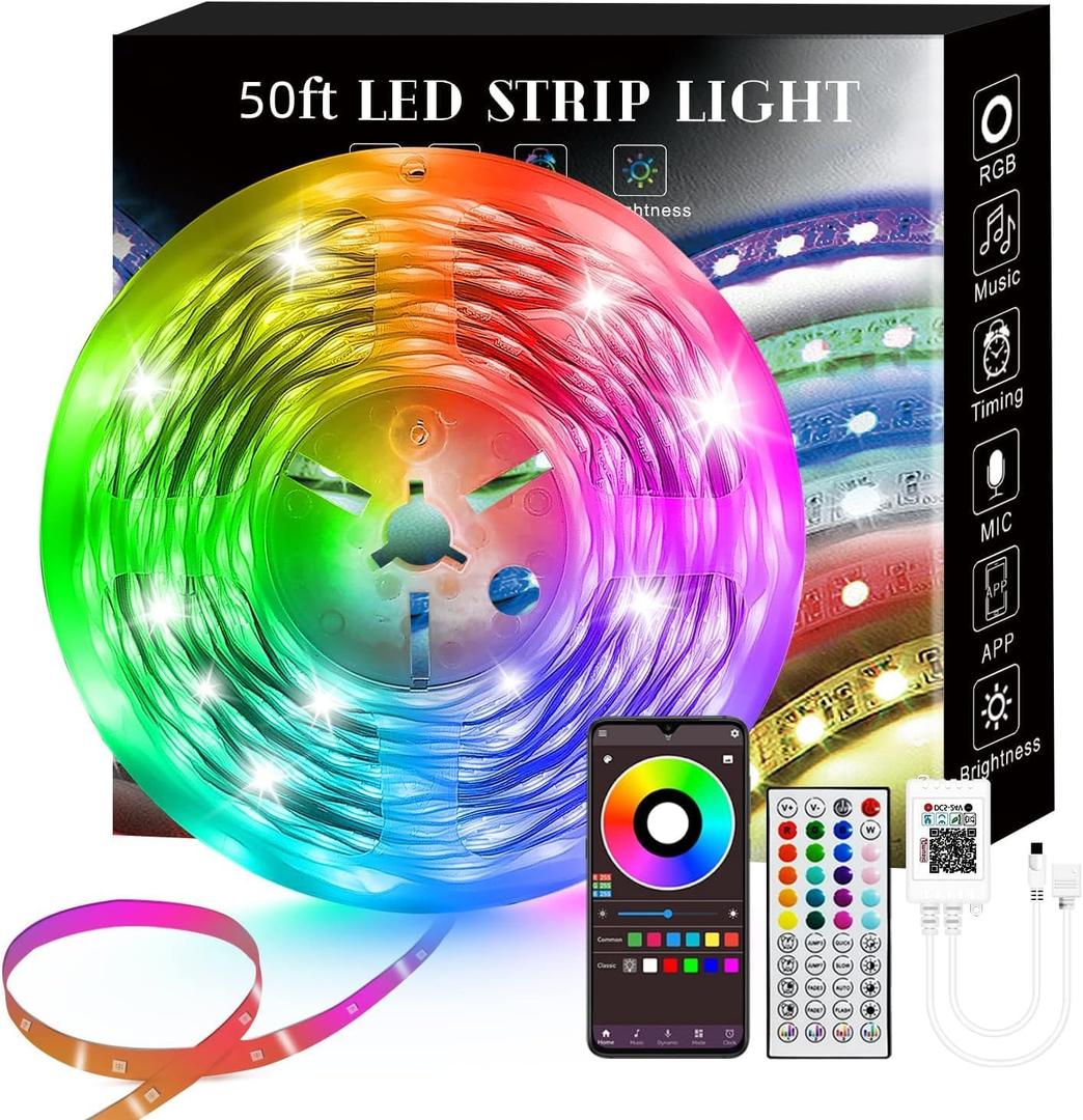 50FT Smart LED Strip Lights, Sync to Music with 40 Key Remote Controller，Lighting Strips with App Control LED Lights for Bedroom, Christmas Lights decration (Multi-Colored, 50FT)