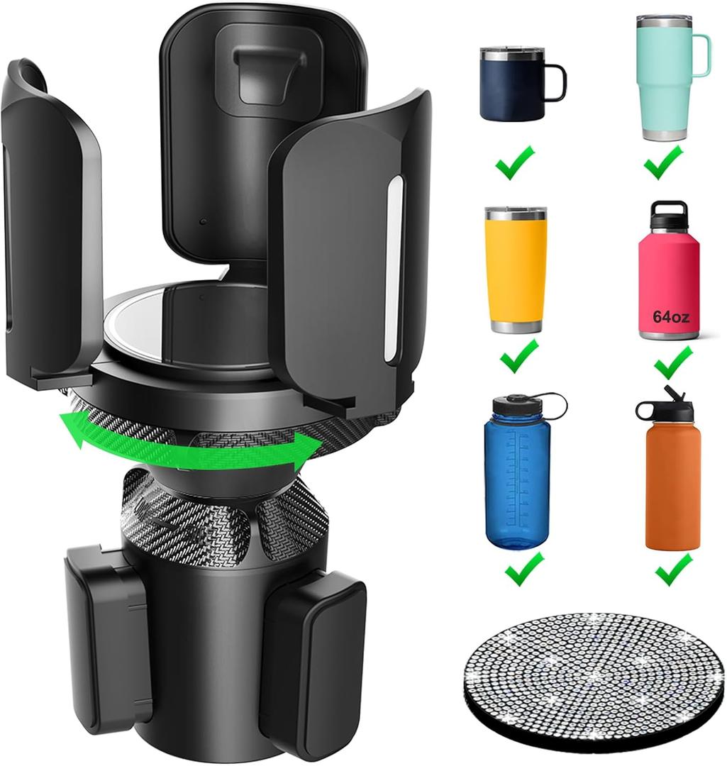 Upgraded 64oz Large Cup Holder Expander with Coaster for Car, Expandable Cup Holder Adapter with Adjustable Base, Universal Compatible with Yeti, Hydro Flasks, Owala, Other Big Bottles Mugs Drinks Black