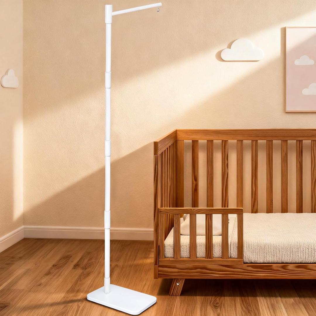 White Floor-Standing Crib Mobile Arm - 65" Baby Mobile Stand for Crib - Mobile Arm for Crib - 100% Beech Wood - Adjustable Mobile Hanger with Anti-Tip Base - Easy Assembly - Modern Nursery Decor