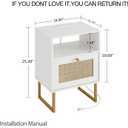 Masupu Extra Large Rattan Nightstand with Charging Station,Boho Night Stand Modern Farmhouse Wood Bedside Table with Storage Drawer and Open Shelf,Side End Table for Bedroom,Living Room,Office White