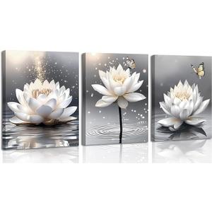 Framed Canvas Prints Art Lotus Floral Pictures Wall Art for Zen Office Decor Meditation Poster Butterfly Lotus Floral Artwork Painting for Yoga Meditation Room Bathroom Wall Decor Set of 3(8”X10”)